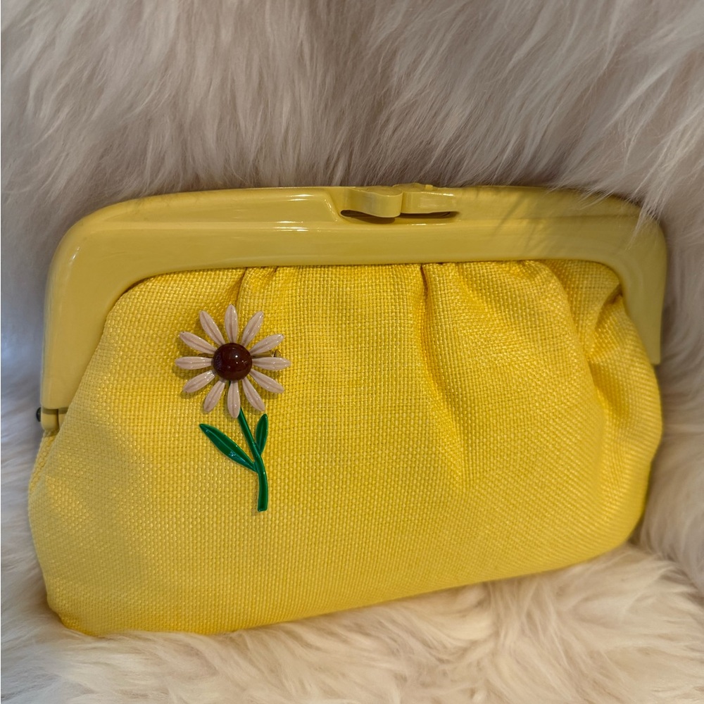 1960s Lemon Yellow Linen Clutch w Acrylic Kiss lock Clasp & Enamel Brooch Italy